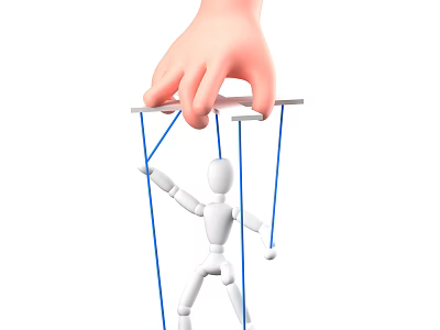 Human Hand Controlling Small White Marionette With Blue Strings And Control Bar 3d model