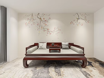 Traditional Chinese Daybed with Plum Blossom Branch Decor and Soft Cushions on Patterned Rug 3d model