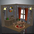 Cozy Interior Room With Red Curtains Round Table Stools Wall Decor And Window