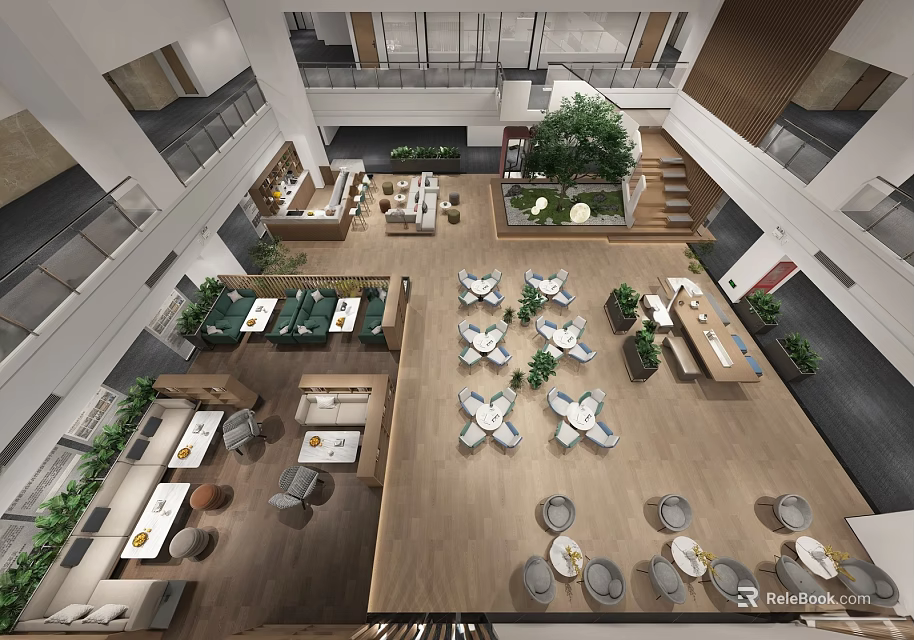 Modern Open Lounge Area Interior Design With Tables Chairs Green Plants And Spacious Layout 3d model 