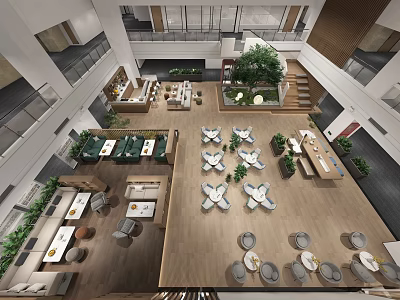 Modern Open Lounge Area Interior Design With Tables Chairs Green Plants And Spacious Layout 3d model