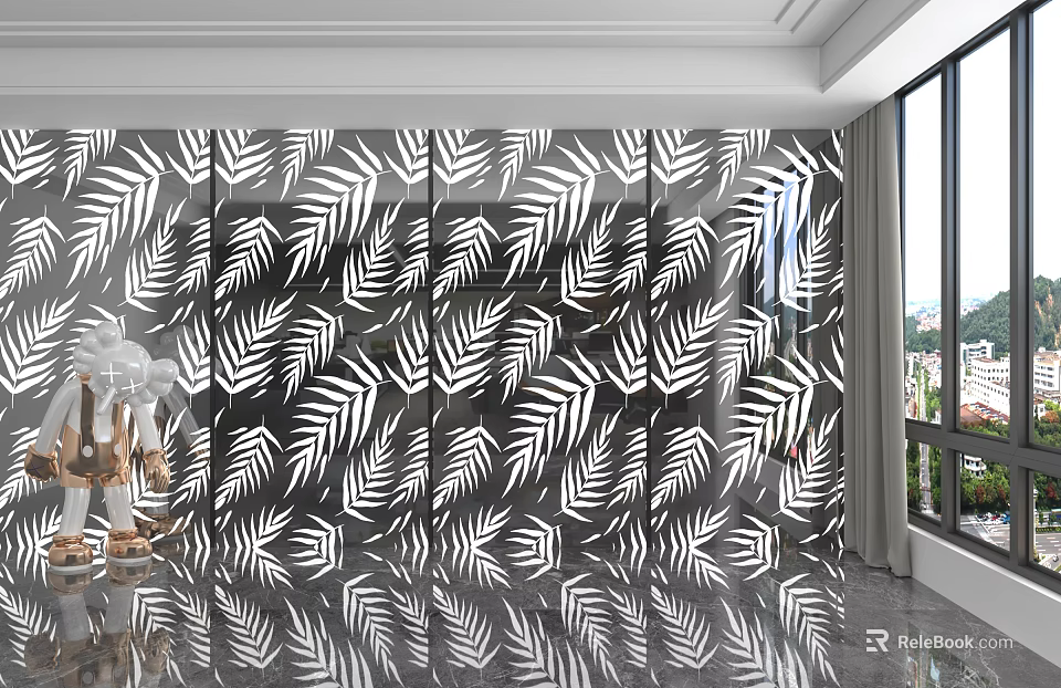 Modern Wall Paneling With White Leaf Pattern For Modern Interior Living Room Design 3d model 