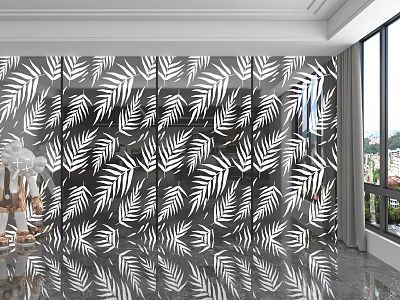 Modern Wall Paneling With White Leaf Pattern For Modern Interior Living Room Design 3d model