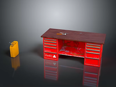 Red Craftsman Workbench with Tools on Top Yellow Jerrycan and Multiple Drawers 3d model