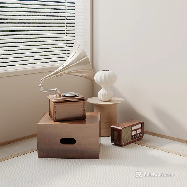 Vintage Audio Equipment Display With Gramophone Radio White Vase And Wooden Box 3d model 
