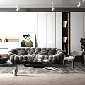 Elegant Modern Living Room Interior With Grey Sofa Armchair Artwork Bookshelf And Sculpture