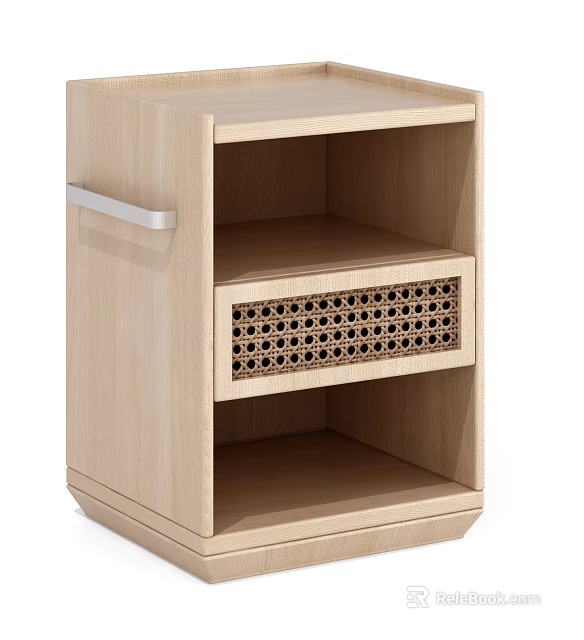 Modern Minimalist Light Wood Nightstand With Open Shelves And Rattan Detail 3d model 