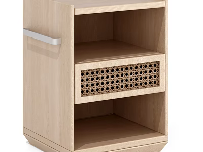 Modern Minimalist Light Wood Nightstand With Open Shelves And Rattan Detail 3d model