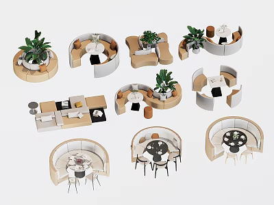 Modern Public Chairs With Circular Design Wooden White Finishes And Potted Plants 3d model