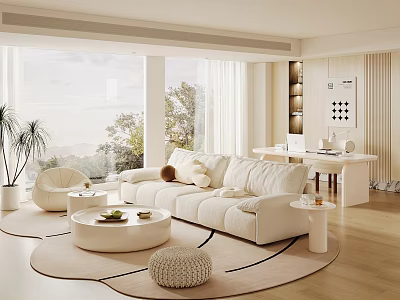 Bright Modern Living Room With Large Windows Scenic View White Sofa Round Coffee Table 3d model