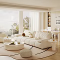 Cream Style Home Guest Restaurant Fabric Sofa Coffee Table Combination Round Coffee Table Desk and Chair Combination Leisure Sofa Chair Floor-to-ceiling Window Decoration Ornaments 3d model