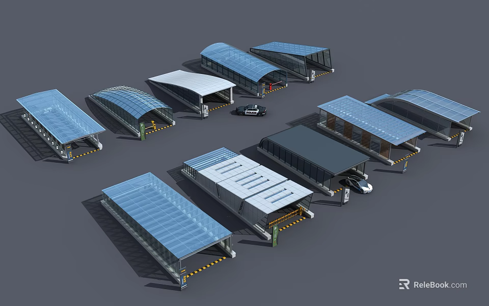 Modern Roadside Shelter Facilities With Various Roof Designs And Functional Structures 3d model 