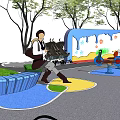Colorful Children's Playground Area With Slide Climbing Structure Circular Zones Track And Trees