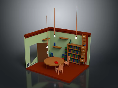 Cozy Room Furniture Arrangement With Round Table Chairs Bookshelf And Hanging Lights 3d model