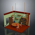 Cozy Room Furniture Arrangement With Round Table Chairs Bookshelf And Hanging Lights