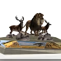 Male Lion and Stags Standing on Rocky Grassland with Natural Landscape Elements