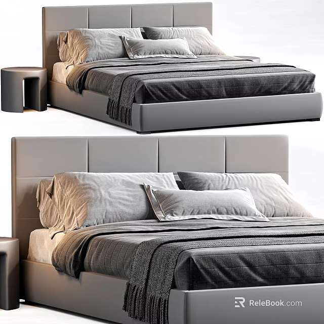 Modern Upholstered Double Bed With Plush Pillows And Soft Gray Blanket 3d model 