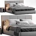 Modern Upholstered Double Bed With Plush Pillows And Soft Gray Blanket
