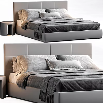 Modern Upholstered Double Bed With Plush Pillows And Soft Gray Blanket 3d model