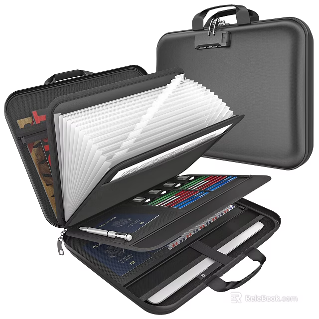Open Professional Briefcase with Organized Folders Cards Pen and Document Compartments 3d model