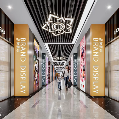 Modern Elevator Lobby With Yellow Brand Display Boards Geometric Lights And Walking People 3d model