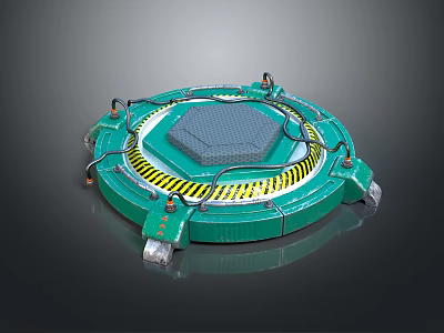 Cartoon Scene Of Green Circular Device With Yellow Warning Stripes Grid Top And Support Legs 3d model