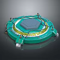Cartoon Scene Of Green Circular Device With Yellow Warning Stripes Grid Top And Support Legs