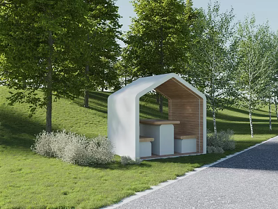 White Wooden Shelter With Bench In Grassland Surrounded By Trees And Pathway 3d model