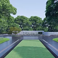Modern Entrance Gate Architecture With Stone Wall Lush Trees and Spacious Plaza