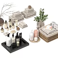 Bathroom Accessories with Stacked Towels Bottles Scented Candles Green Plant and Wicker Basket