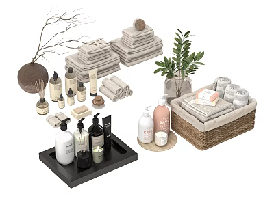 Bathroom Accessories with Stacked Towels Bottles Scented Candles Green Plant and Wicker Basket 3d model