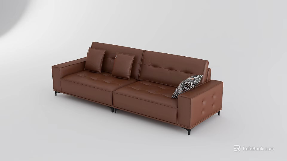 Brown Leather Leisure Sofa Set With Multiple Cushions And Patterned Pillow Design 3d model