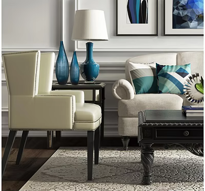 Elegant Sofa Coffee Table Combination With Beige Upholstery Geometric Pillows Blue Vases And Wall Art 3d model