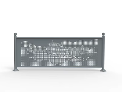 Gray Perforated Fence With Chinese Style Architectural Landscape Pattern And Posts 3d model