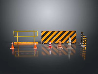 Road Construction Safety Scene With Yellow Guardrail Black Striped Barrier And Traffic Cones 3d model