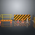 Road Construction Safety Scene With Yellow Guardrail Black Striped Barrier And Traffic Cones