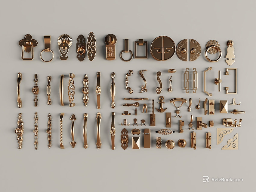 Golden Metal Cabinet Drawer Handles Featuring Multiple Styles Various Shapes And Designs 3d model 
