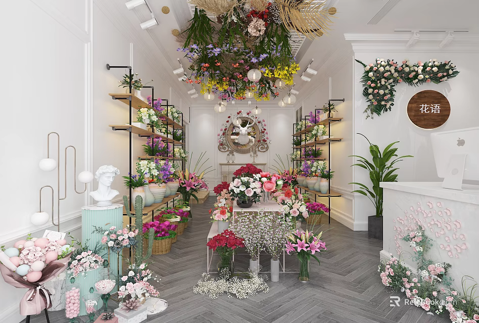 Elegant Flower Shop Interior With Various Fresh Flowers Shelves Green Plants And Decorative Bouquets 3d model 