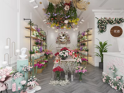 Elegant Flower Shop Interior With Various Fresh Flowers Shelves Green Plants And Decorative Bouquets 3d model