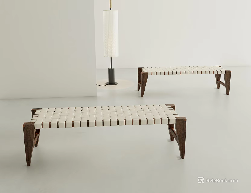 Modern Wooden Stools With Woven White Seat And Brown Frame In Minimalist Space 3d model 