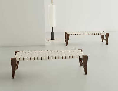 Modern Wooden Stools With Woven White Seat And Brown Frame In Minimalist Space 3d model