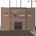 Modern Brown Decorative Cabinet With Glass Shelves Wine Bottles And Wine Glasses