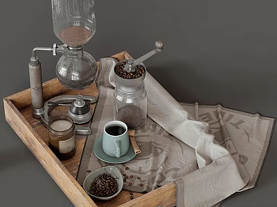 Wooden Tray With Manual Coffee Grinder Glass Pot And Kitchen Appliances 3d model