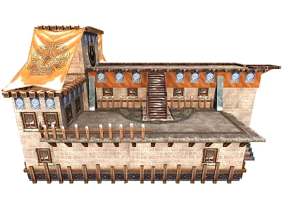 Cartoon Scene Of Ancient Multi level Building With Stone Walls Wooden Railings Staircase And Banner 3d model