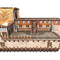 Cartoon Scene Of Ancient Multi level Building With Stone Walls Wooden Railings Staircase And Banner