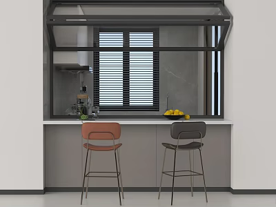 Modern Kitchen Interior With Two Orange Gray Bar Stools Window Blinds And Countertop Fruit 3d model
