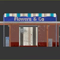 Flower Shop Storefront With Blue Roof Striped Awning And Glass Display Windows