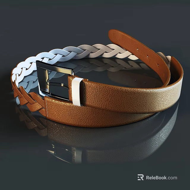 Classic Brown Leather Belt Featuring Braided White Details And Metal Buckle 3d model 