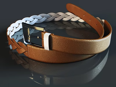 Classic Brown Leather Belt Featuring Braided White Details And Metal Buckle 3d model