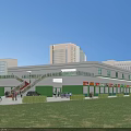 Convenient Commercial Street with Green White Building Colorful Billboards Pedestrians and Vehicles